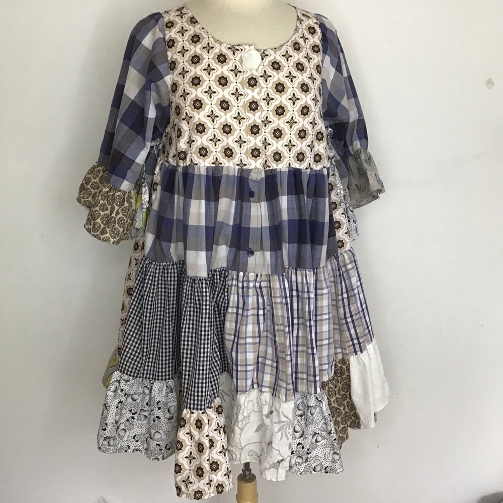 Patchwork upcycled, babydoll, ruffled sleeve, boho mini dress size inclu…